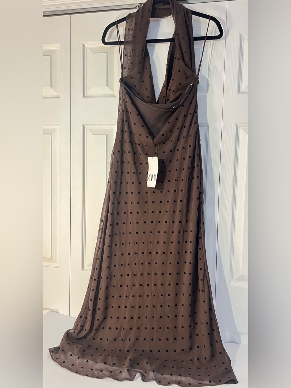 Zara Brown Polka-Dot Halter Maxi Dress w Scarf. M NWT - Picture 14 of 17